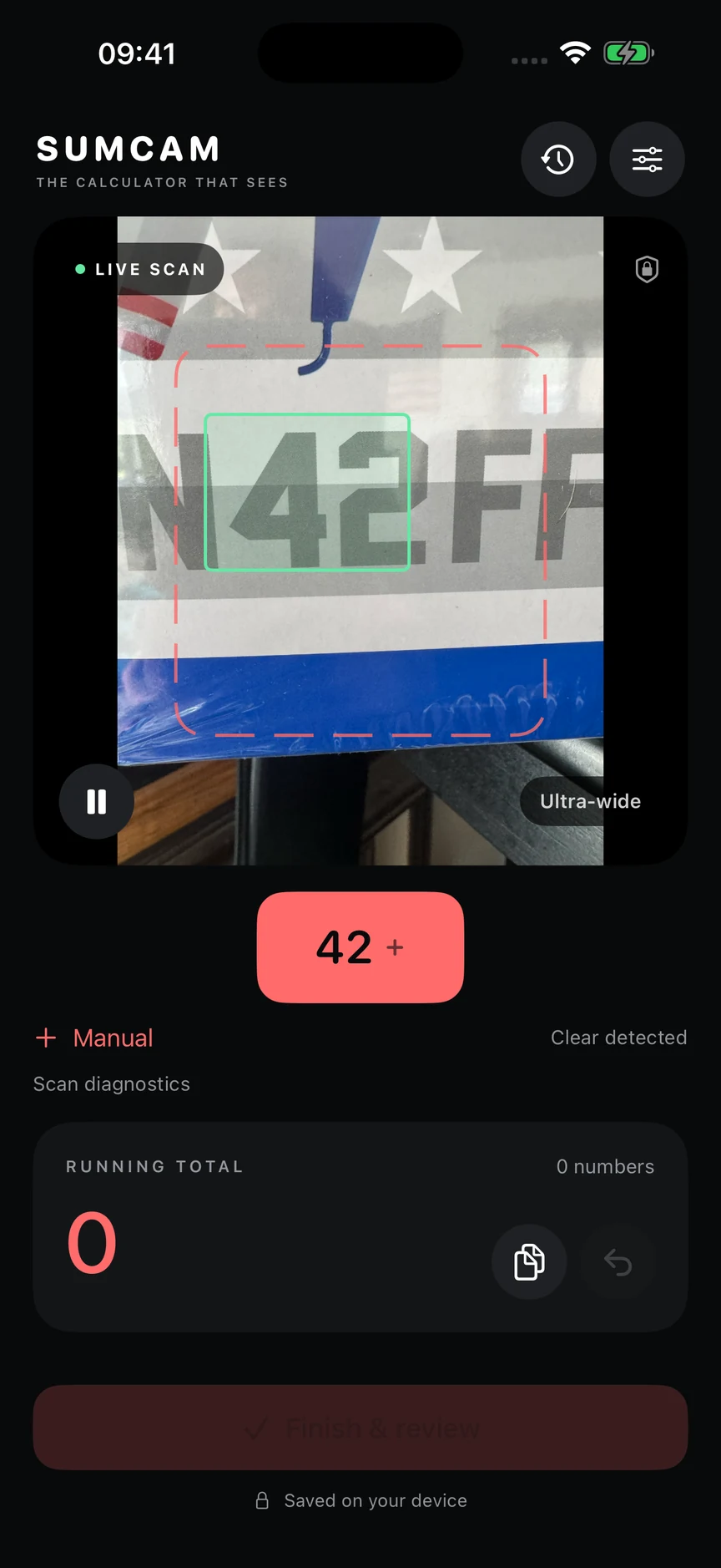 SUMCAM recognizing 42 on a photographed box label, with the detected number ready to tap